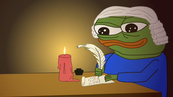 A Pepe the Frog character wearing a powdered wig writes at a candle-lit desk with a quill, evoking a Founding Father drafting an important document—fitting for the "gm bulls" greeting as he "constitutes" a new trading day.