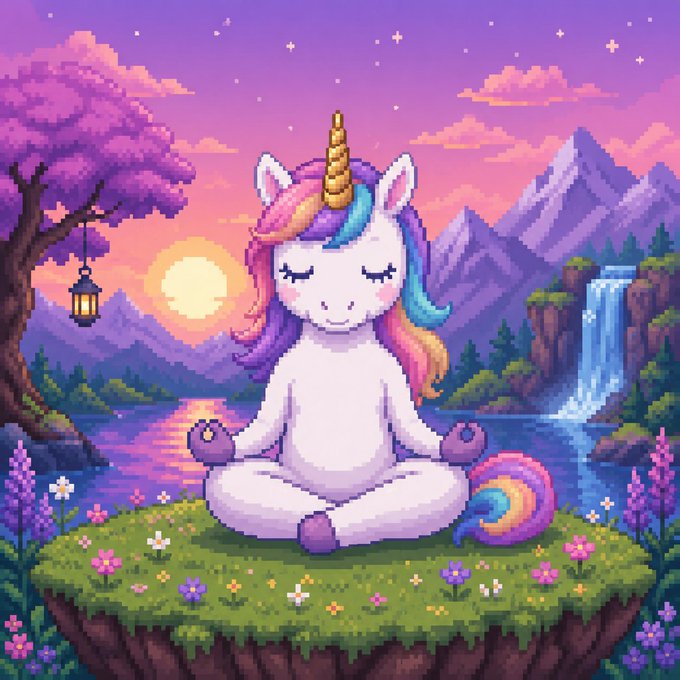 A pixel-art unicorn meditates in a serene sunset landscape, embodying inner balance and tranquility. The image reflects the post's message of finding security through self-managed stability rather than external influences, with the ticker $uPEG symbolizing a steady, internally anchored investment.