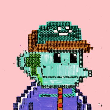A pixel-art style drawing of a character with a green head and a red mouth, wearing a hat and a purple outfit with the word 'KID' visible, set against a pink background.