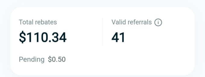 A dashboard displaying 'Total rebates' of '$110.34' with '$0.50' pending, alongside '41' 'Valid referrals'.