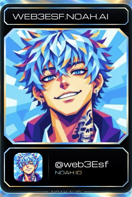 An anime-style avatar card for 'web3esf.noah.ai' showing a blue-haired character with a skull tattoo on his neck, credited to '@web3Esf' with 'NOAH ID'.