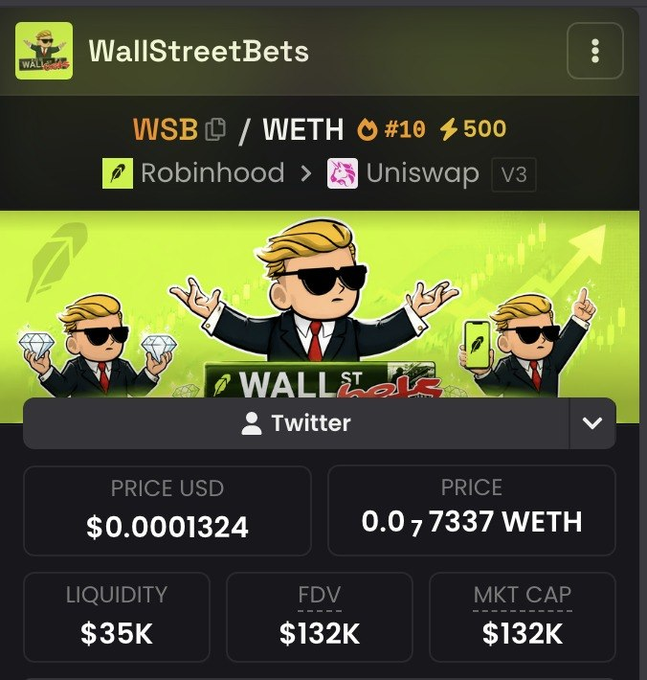 A screenshot of a cryptocurrency tracker page displaying the "WallStreetBets" (WSB) token paired with WETH on Uniswap V3, showing a price of $0.0001324 USD and a market cap of $132K. The image relates to the post's promotion of $WSB, with the platform displaying key trading metrics like liquidity ($35K) and FDV to support the claim that the token has just gone live for trading.