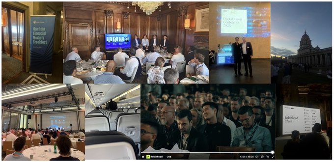 A collage of event photos showing the Arbitrum Foundation engaging with the investment community, featuring a "Blockchain Financial Markets Breakfast" in London, a panel discussion at the "Fintech Asset Conference 2024" in Zurich (held at a domed venue), an in-flight view, and a "Robinhood Chain" presentation with an audience of around 7,000 viewers on a live stream, capturing the whirlwind tour across global fintech and crypto events.