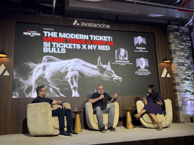 A fireside chat panel at a "Sports Illustrated X NY Red Bulls" event titled "The Modern Ticket: More Than a Way In," featuring speakers David Lane (Avalanche), Jennifer Caruso (SI Tickets & Venues), and Joe Waterson (Avalanche) discussing ticketing innovations, which directly illustrates the post's claim about Avalanche's dominance in real-world experience ticketing, including its partnership with Sports Illustrated.