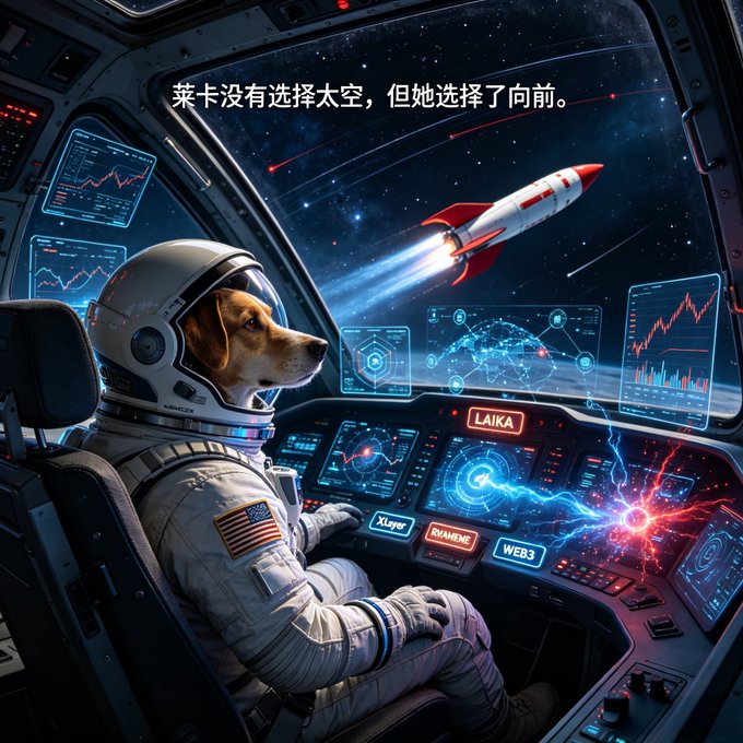 A digital illustration of a dog wearing a spacesuit inside a spacecraft cockpit, with Chinese text translating to 'Laika didn't choose space, but she chose to move forward,' and a rocket visible through the window.