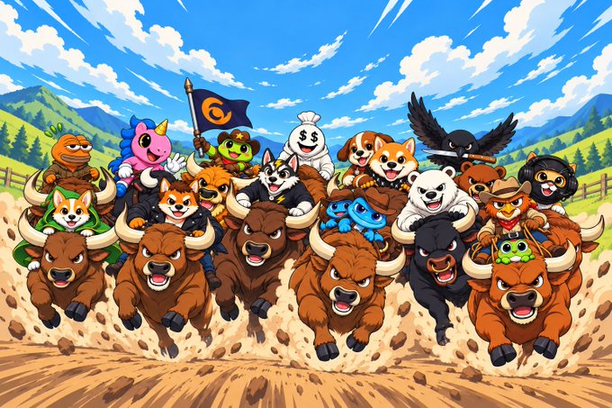 A stampede of cartoon bulls charges forward across a dusty plain, each ridden by a smiling animal character—from unicorns and corgis to chefs and frogs—while one rider waves a flag marked with a "G." The "GM bulls" caption plays on crypto slang for "Good Morning," framing this joyful herd as bullish market energy to kick off the day.
