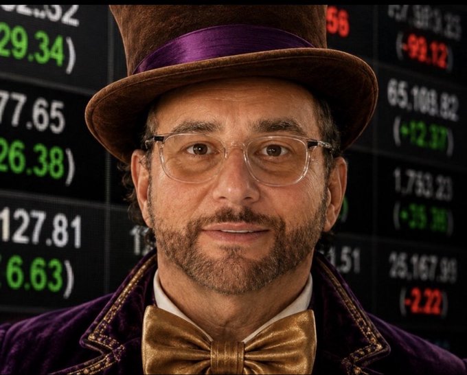 A man wearing a brown top hat, glasses, and a gold bow tie stands in front of a stock market ticker displaying green and red numbers.