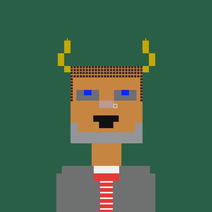 A pixel art portrait of a character with a gray beard, pixelated golden crown, blue eyes, and a red and white striped tie on a dark green background.