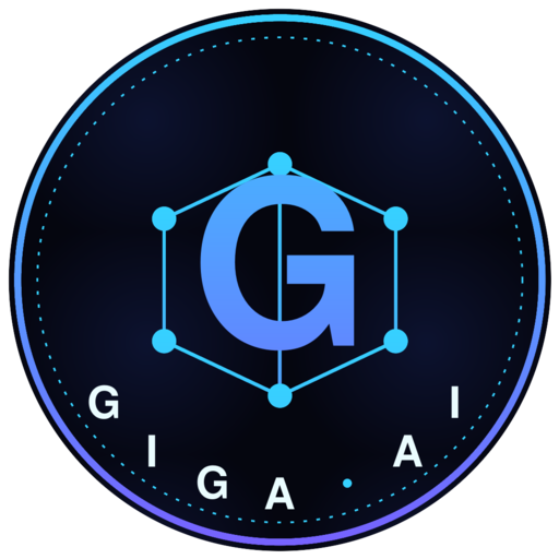 The image features a circular logo with the word "Giga" written in blue letters, surrounded by small blue dots. The logo also includes a hexagon shape within the blue letters. Below the logo, there's text that reads "GIGA is live on @pumpdotfun GigaAI the chad of AI coins. No team allocation, no VC, just community." This information suggests that the image might be related to a cryptocurrency or blockchain project called Giga AI.