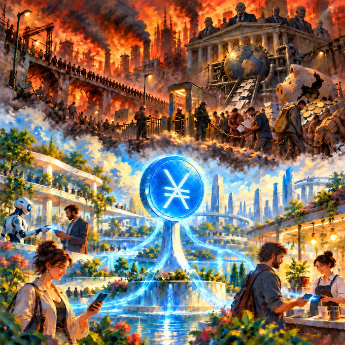 A vibrant digital artwork split between a dystopian cityscape engulfed in flames above and a utopian future with a glowing blue XRP logo, advanced technology, and people in lush surroundings below.