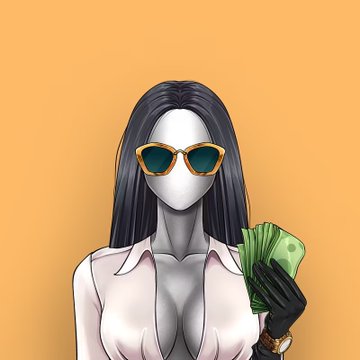 A 3D-rendered female figure with long black hair, tortoiseshell sunglasses, a white blouse, and black gloves holding a fan of cash against an orange background.