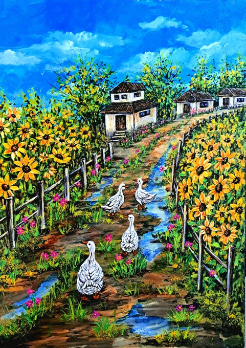 A vibrant painting of white geese walking along a stream lined with sunflowers, leading toward a small white house with a brown roof under a bright blue sky.