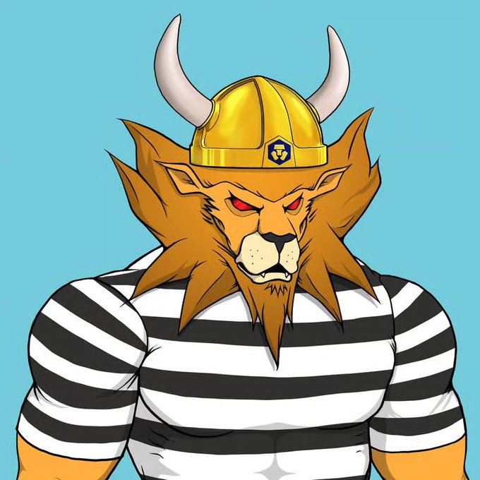 A cartoon illustration of a muscular lion wearing a yellow Viking helmet with horns and a black-and-white striped prisoner-style shirt against a teal background.