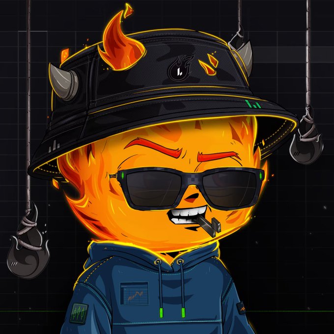 A cartoon character with a flaming skull head wearing a black bucket hat with horns, sunglasses, and a blue hoodie, with a noose hanging in the background. The image ties to the post's shout-out to the "summer time bucket hat crew" and the $LIT lighter traders community, likely representing the @fuegonft PFP profile.