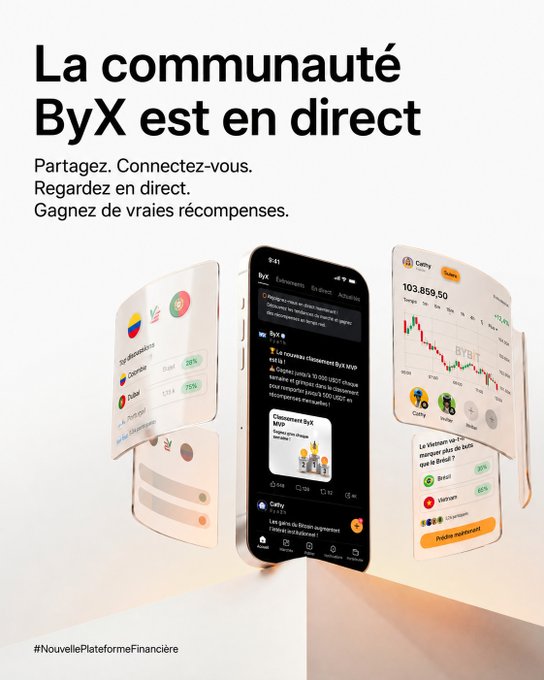 A French-language advertisement for the ByX app reading "La communauté ByX est en direct," showing a hand holding a phone displaying the app's interface and stock charts.