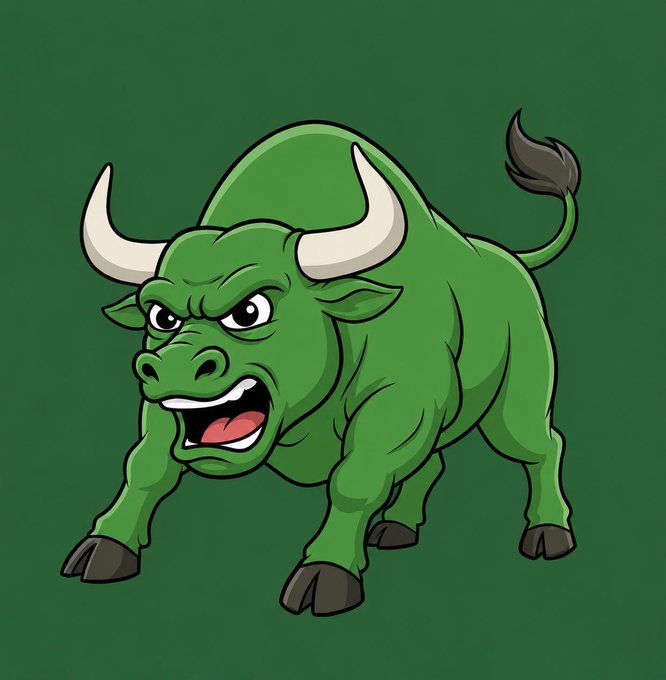 A fierce, cartoonish green bull with white horns and an angry expression charges forward, visually symbolizing the "bullish" meme and accompanying $BULLISH Solana token airdrop promotion (CA: CJGrsb2ns1UbW7MUtjhxDyD9Pi5j8rYQnKxR7bkKpump) offering 100,000,000 tokens.