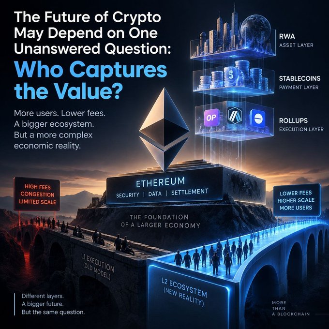 An infographic titled 'The Future of Crypto May Depend on One Unanswered Question: Who Captures the Value?' shows Ethereum as the foundation supporting layers for RWA, Stablecoins, and Rollups.