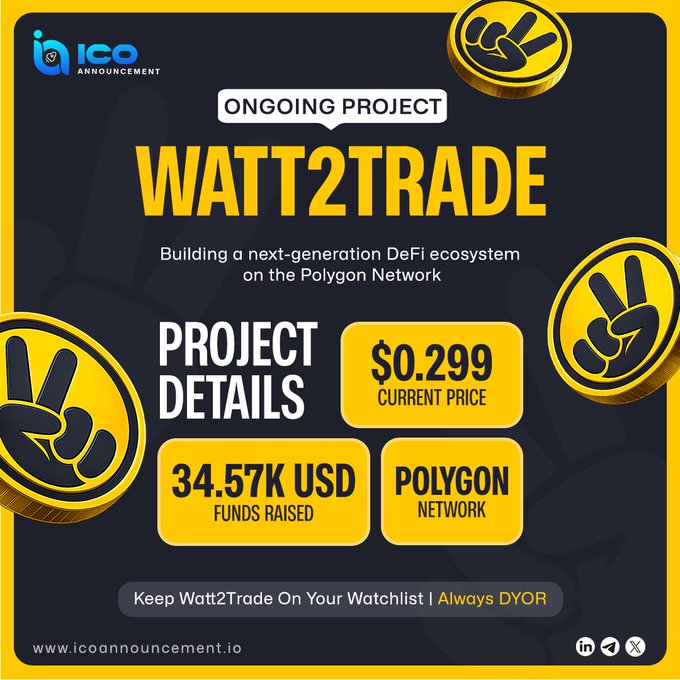 A promotional graphic from ICO Announcement highlights the ongoing Watt2Trade ($WATTOIN) presale project, showcasing its $0.299 current price, $34.57K funds raised, and deployment on the Polygon Network as it builds a next-generation DeFi ecosystem.