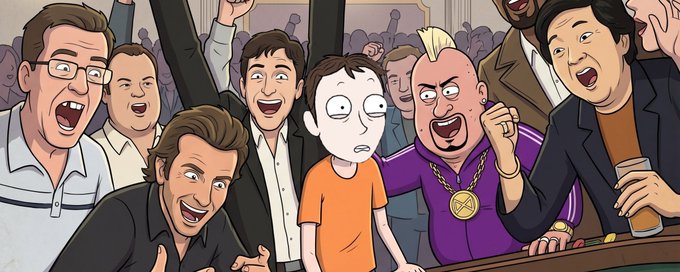 An animated illustration showing a crowd of excited people cheering around a wide-eyed character in an orange shirt, reminiscent of crypto meme culture.