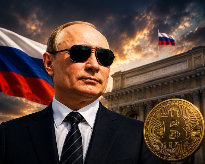 An AI-generated image features Vladimir Putin wearing sunglasses against a backdrop of the Russian flag and the Saint Petersburg Hermitage Museum, with a large Bitcoin symbol in the foreground. The imagery visually connects the subject of Russian governance to the global shift toward cryptocurrency regulation mentioned in the post.