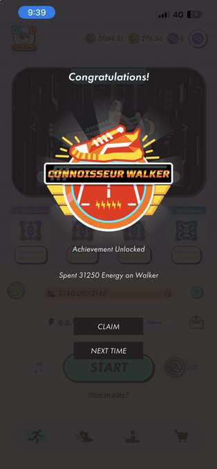 A mobile game achievement screen showing 'Congratulations! CONNOISSEUR WALKER' for spending 31250 Energy on Walker, with Claim and Next Time buttons.