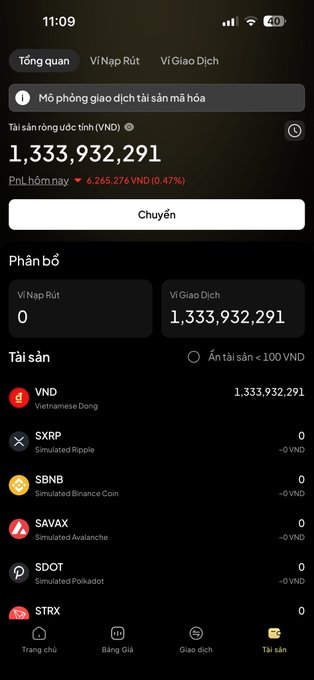A smartphone screenshot of a Vietnamese crypto wallet app displaying a total asset value of 1,333,932,291 VND, with various assets like VND, XRP, BNB, SAVAX, SDOT, and STRX shown.