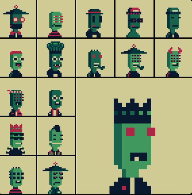 A grid of pixel art character portraits in a greenish-yellow and red palette, showing various zombie-like or monster figures with different headgear and features, with one larger character featured in the bottom right cell.