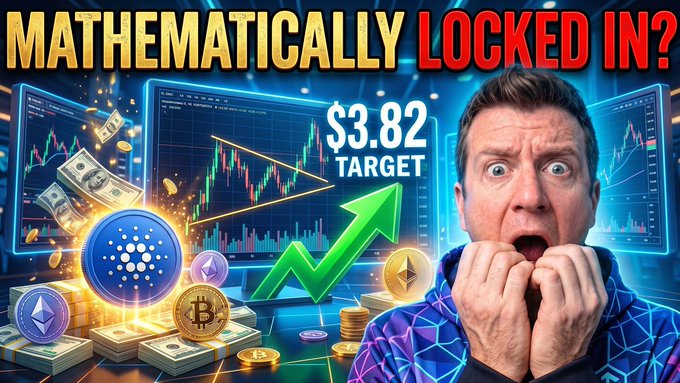 A YouTube thumbnail featuring a shocked man surrounded by cryptocurrency coins and charts, with text reading 'MATHEMATICALLY LOCKED IN?' and '$3.82 TARGET'.