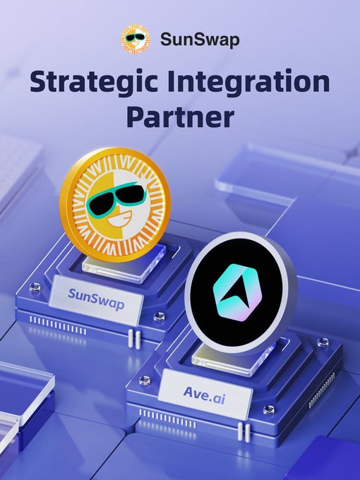 The graphic announces SunSwap as a "Strategic Integration Partner" alongside Ave.ai, displayed as two 3D coin tokens mounted on metallic blue pedestals with their respective logos—one featuring SunSwap's smiling sun icon and the other Ave.ai's teal "A" emblem—visualizing the partnership highlighted in the post about SunSwap serving as a liquidity backend for the DeFi protocol.