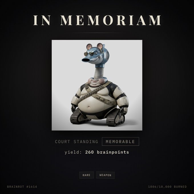 An 'IN MEMORIAM' graphic featuring a 3D-rendered figure with a mouse head and robotic body on tank treads, labeled as Brainrot #1614, 1806/10,000 burned.