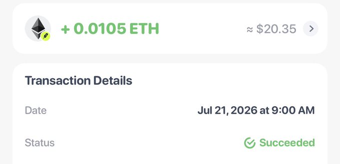 A transaction details screen showing a successful receipt of +0.0105 ETH (approximately $20.35) dated Jul 21, 2026 at 9:00 AM, with an Ethereum logo.