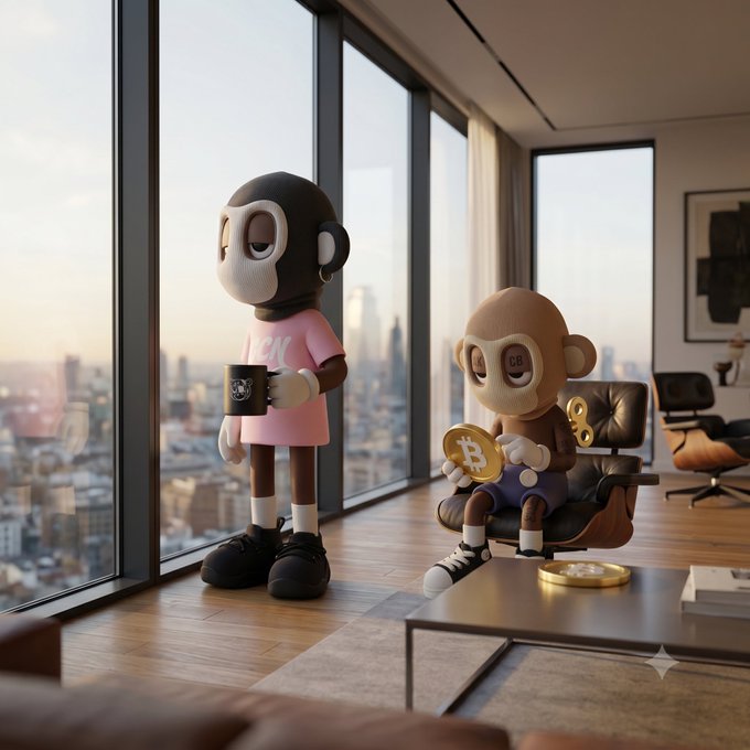 Two stylized monkey figurines in a modern high-rise apartment overlooking a cityscape; one stands holding a black mug while the other sits in a chair holding a gold Bitcoin coin.