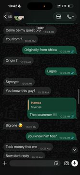 A WhatsApp conversation between Tobi and Hamza discussing scamming, mentioning being 'Originally from Africa' from Lagos and joking about being a 'Big one' scammer.