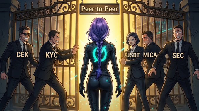 A purple-haired figure with a glowing cyan braid stands at a gate labeled "Peer-to-Peer," flanked by suited figures marked "CEX," "KYC," "USDT," "MICA," and "SEC," symbolizing regulators and centralized exchanges attempting to block access to decentralized peer-to-peer freedom.