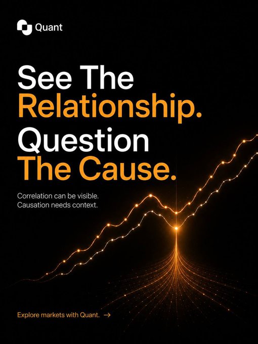 An advertisement for 'Quant' with the tagline 'See The Relationship. Question The Cause.' and the subtext 'Correlation can be visible. Causation needs context,' accompanied by an abstract graphic of orange data lines.