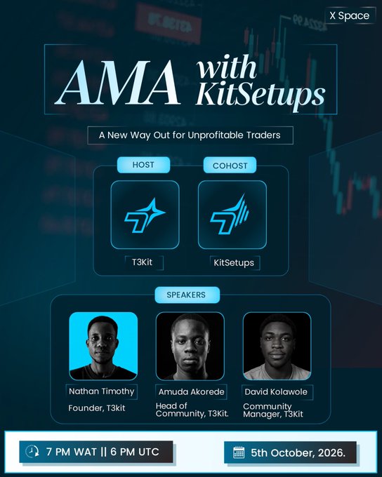 Promotional graphic for an 'AMA with KitSetups' X Space event hosted by T3kit and co-hosted by KitSetups, featuring speakers Nathan Timothy (Founder, T3kit), Amuda Akorede (Head of Community, T3kit), and David Kolawole (Community Manager, T3kit), scheduled for 7 PM WAT / 6 PM UTC on 5th October, 2026.