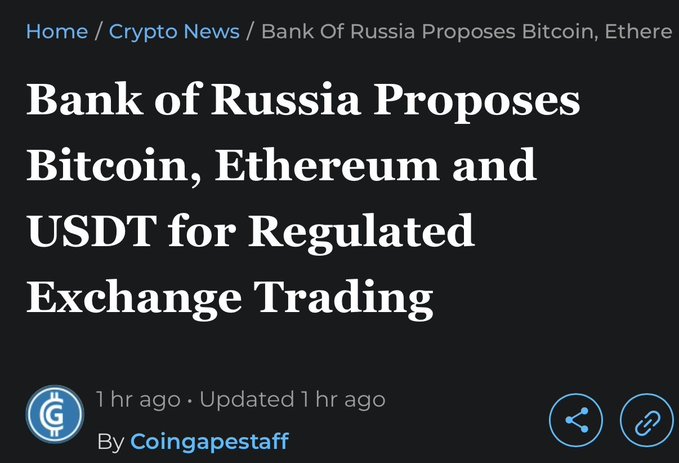 A Coingape news article headline: 'Bank of Russia Proposes Bitcoin, Ethereum and USDT for Regulated Exchange Trading', published 1 hour ago by Coingapestaff.
