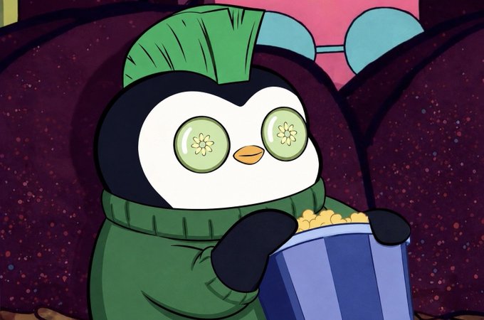 An animated penguin wearing a green sweater and cucumber slices over its eyes, holding a blue bucket of popcorn in a movie theater seat.