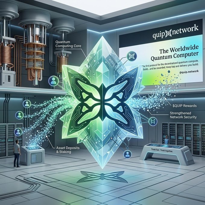 A digital illustration of the Quip Network showing 'The Worldwide Quantum Computer,' featuring a large glowing crystalline logo surrounded by quantum computing cores, server racks, and annotations for Asset Deposits & Staking, QUIP Rewards, and Strengthened Network Security.