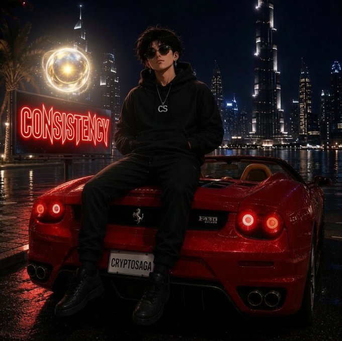 A stylized digital image of a young person sitting on the back of a red Ferrari with a 'CRYPTOSAGA' license plate, with a neon 'CONSISTENCY' sign and Dubai skyline in the background.