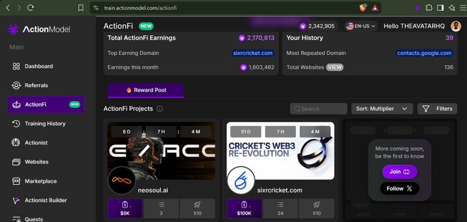 An ActionFi dashboard displaying total earnings, domain stats, and ActionFi projects including neosoul.ai and sixcricket.com.