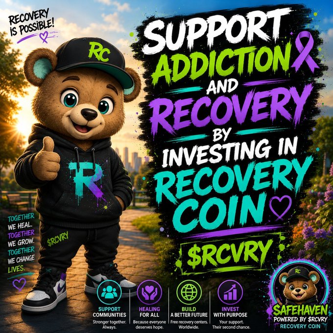 A promotional graphic for cryptocurrency "$RCVRY" (Recovery Coin) featuring a cartoon bear mascot and text promoting support for addiction and recovery through investing, with slogans like "Recovery is possible!" and "Together we heal, together we grow."