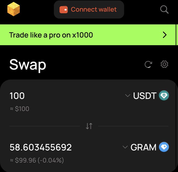 The image shows a screenshot of a trading app called "Swap", which allows users to trade cryptocurrency, specifically USDT (Us dollar). The app displays two options: 100 USDT or $100, depending on whether the user wants to buy or sell the currency. The text in the image reads "Trade like a pro on x1000".