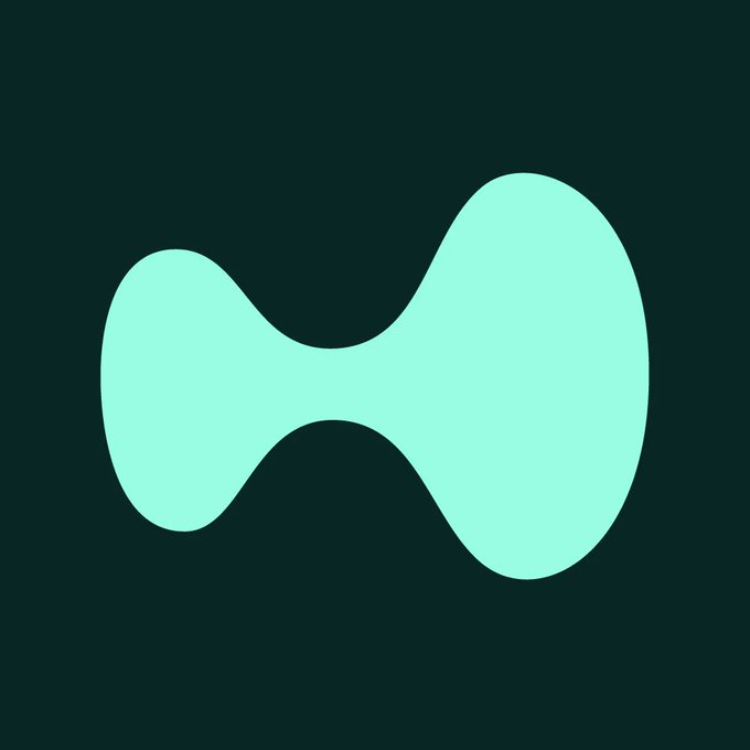 A minimalist logo featuring a symmetrical, mint green abstract shape on a dark teal background.