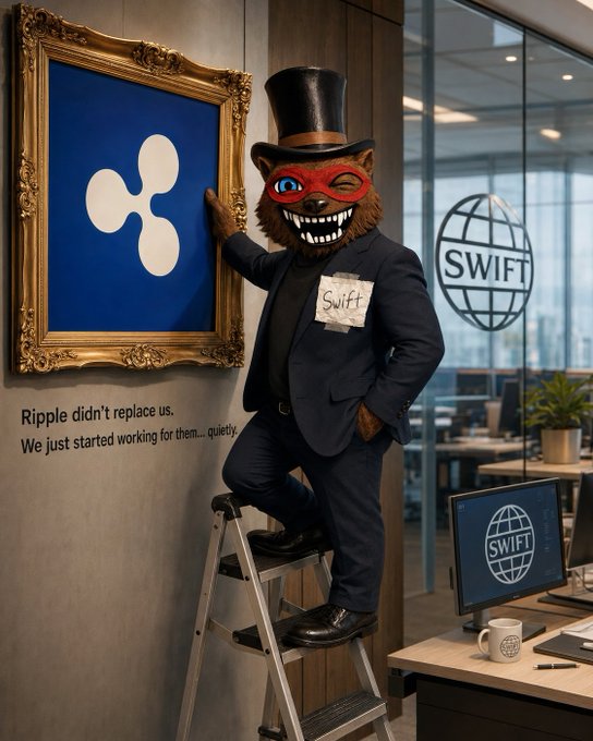 A meme image shows a masked figure wearing a top hat on a ladder in a SWIFT office, holding a framed Ripple logo with the caption 'Ripple didn't replace us. We just started working for them... quietly.'
