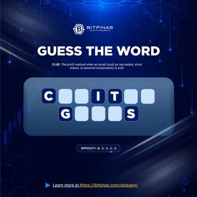 A 'GUESS THE WORD' game from BITPINAS with the clue about profit from selling assets, showing the letters C, I, T, G, S visible in the word puzzle.