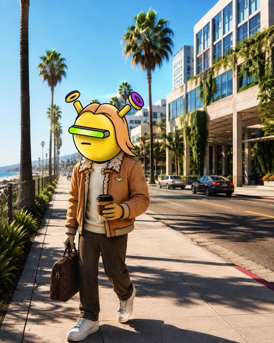 A yellow alien-like character with antennae wearing a shearling jacket walks down a palm-tree-lined street carrying a coffee cup and bags.