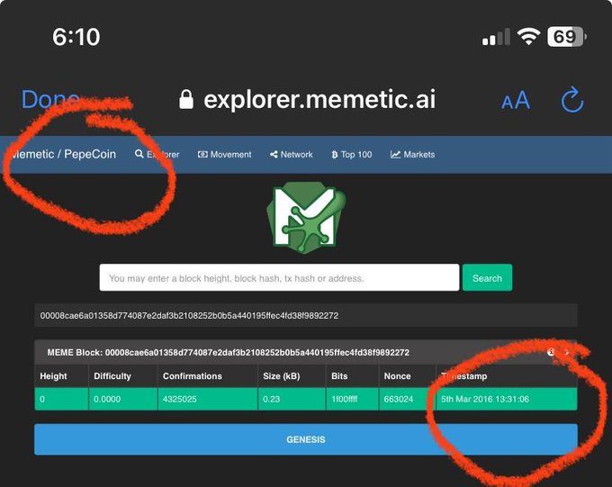 A smartphone screenshot of explorer.memetic.ai displaying a Memetic/PepeCoin block explorer, with red circles highlighting 'Memetic / PepeCoin' and a timestamp reading '5th Mar 2016 13:31:06' for the genesis block.