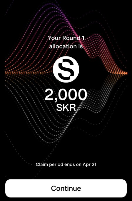 A mobile screen displays 'Your Round 1 allocation is 2,000 SKR' with a claim period ending on Apr 21, set against a wave-patterned background.