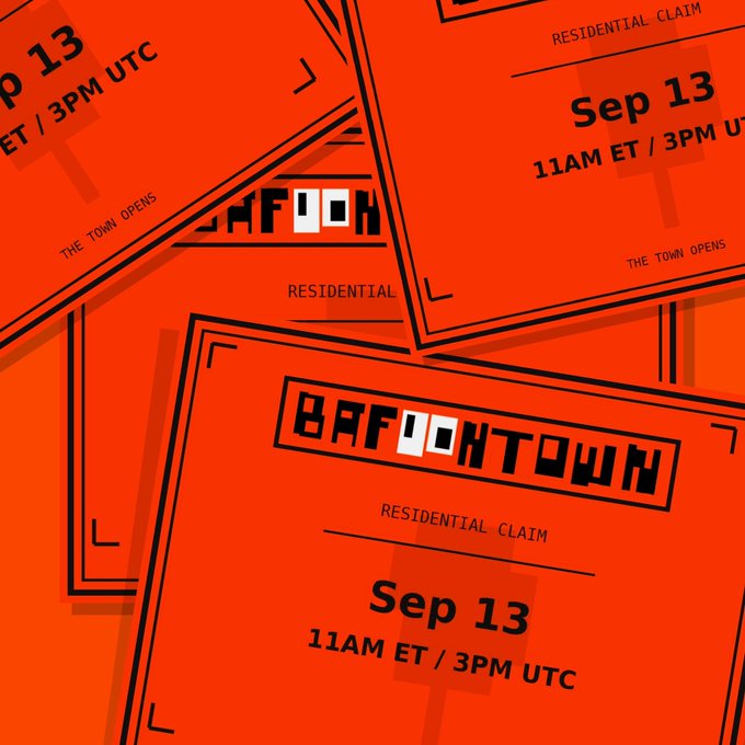 Vibrant orange "BAFOONTOWN" event flyers advertising a residential claim on Sep 13 at 11AM ET/3PM UTC, visually reinforcing the post's message about curating a filtered allowlist to keep bots and farmers out of the mint.